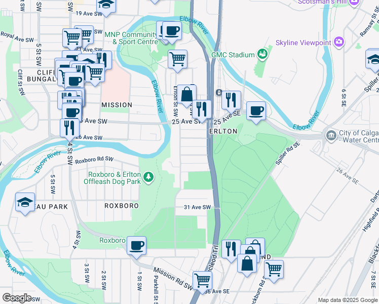 map of restaurants, bars, coffee shops, grocery stores, and more near 42 28 Avenue Southwest in Calgary