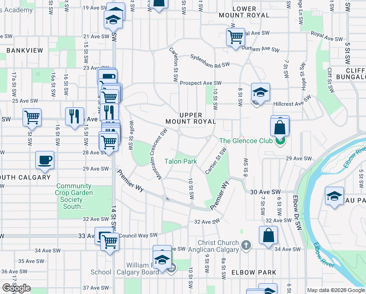 map of restaurants, bars, coffee shops, grocery stores, and more near 1118 Talon Avenue Southwest in Calgary