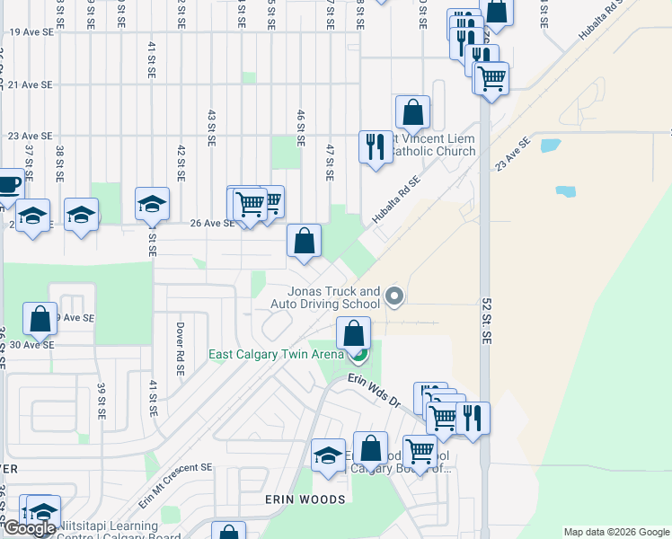 map of restaurants, bars, coffee shops, grocery stores, and more near in Calgary