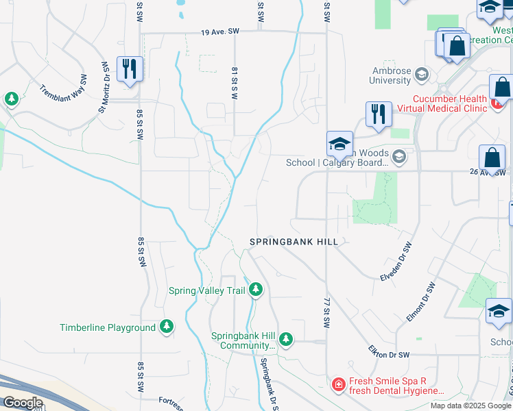 map of restaurants, bars, coffee shops, grocery stores, and more near Spring Valley Heights in Calgary