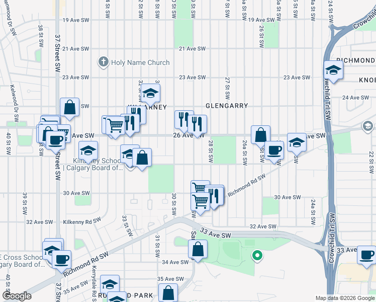 map of restaurants, bars, coffee shops, grocery stores, and more near in Calgary