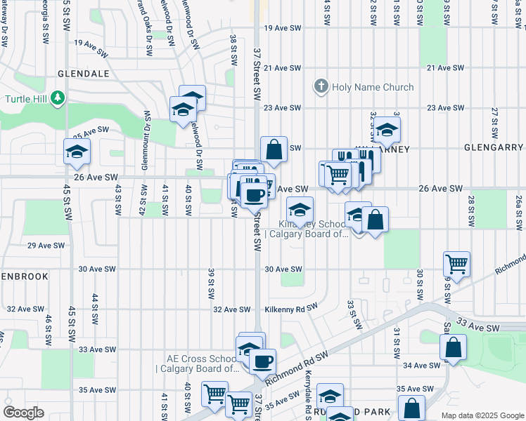 map of restaurants, bars, coffee shops, grocery stores, and more near 2820 37 Street Southwest in Calgary