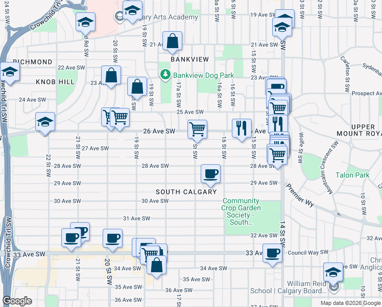 map of restaurants, bars, coffee shops, grocery stores, and more near 2712 17 Street Southwest in Calgary