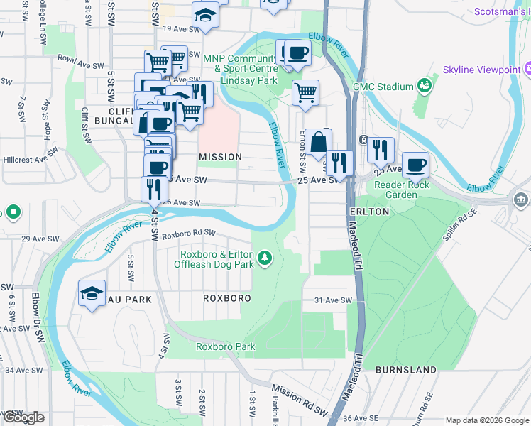 map of restaurants, bars, coffee shops, grocery stores, and more near 105 26 Avenue Southwest in Calgary