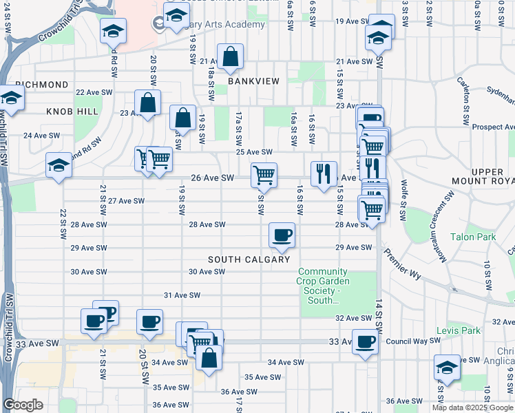 map of restaurants, bars, coffee shops, grocery stores, and more near 2712 17 Street Southwest in Calgary