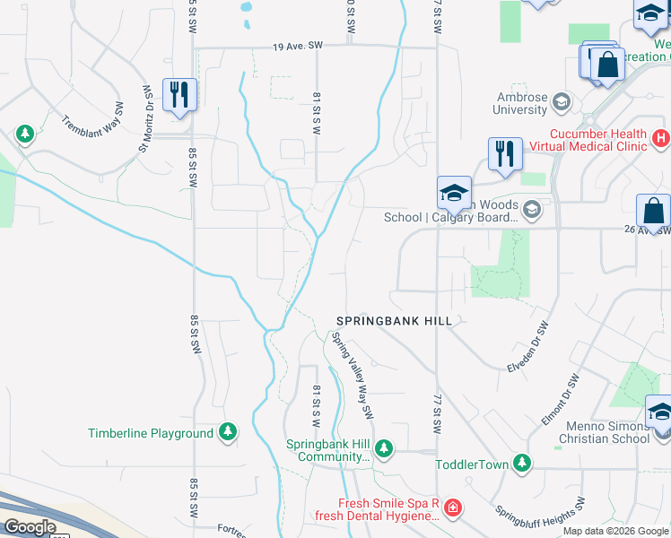 map of restaurants, bars, coffee shops, grocery stores, and more near 38 Spring Willow Way Southwest in Calgary