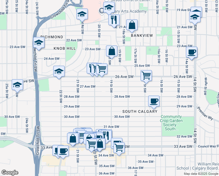map of restaurants, bars, coffee shops, grocery stores, and more near in Calgary