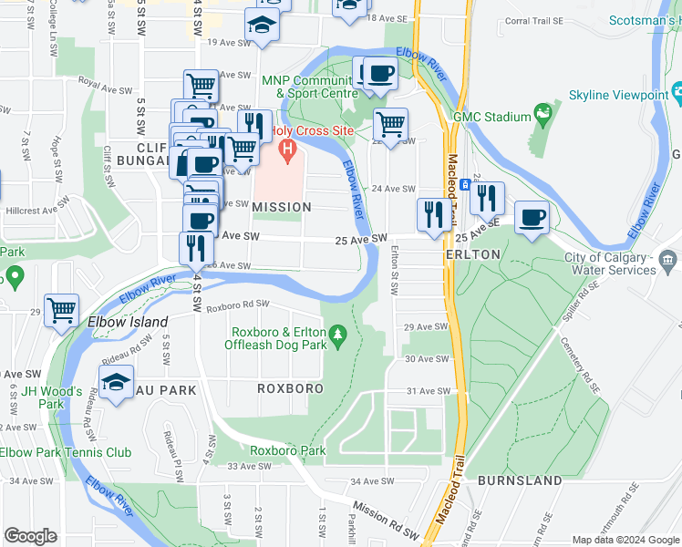 map of restaurants, bars, coffee shops, grocery stores, and more near in Calgary