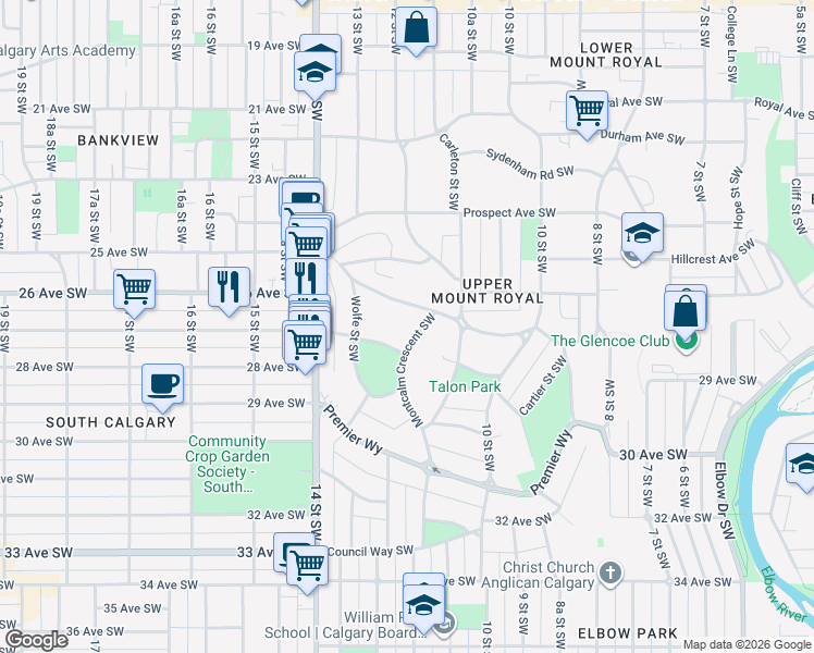 map of restaurants, bars, coffee shops, grocery stores, and more near 2709 Montcalm Crescent Southwest in Calgary