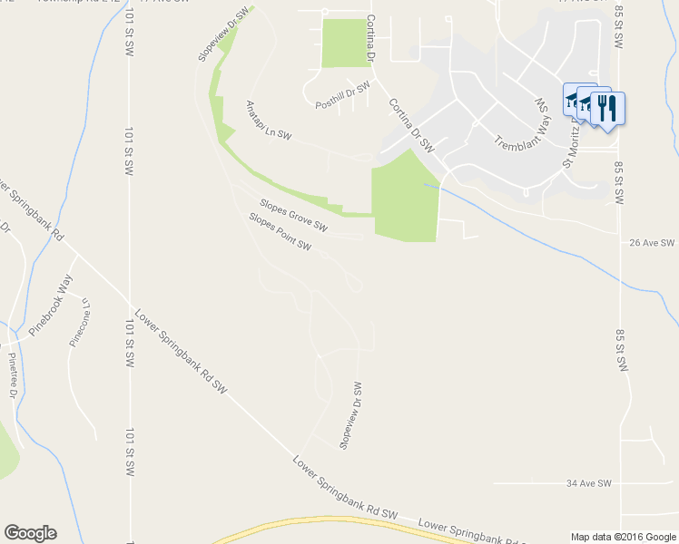 map of restaurants, bars, coffee shops, grocery stores, and more near 61 Slopes Point Southwest in Calgary