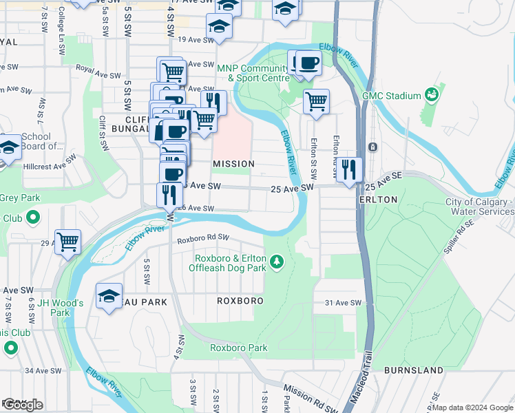 map of restaurants, bars, coffee shops, grocery stores, and more near in Calgary