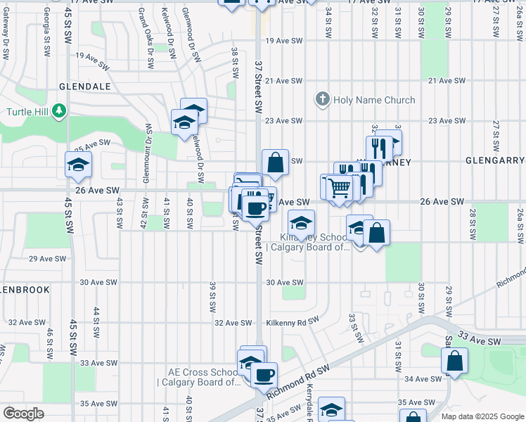 map of restaurants, bars, coffee shops, grocery stores, and more near 3803 26 Avenue Southwest in Calgary