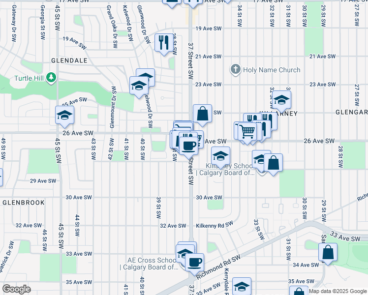 map of restaurants, bars, coffee shops, grocery stores, and more near 3803 26 Avenue Southwest in Calgary