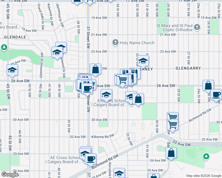 map of restaurants, bars, coffee shops, grocery stores, and more near in Calgary