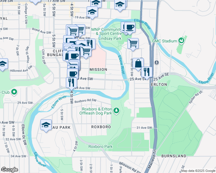 map of restaurants, bars, coffee shops, grocery stores, and more near 130 26 Avenue Southwest in Calgary