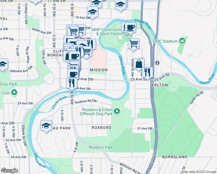 map of restaurants, bars, coffee shops, grocery stores, and more near 130 26 Avenue Southwest in Calgary