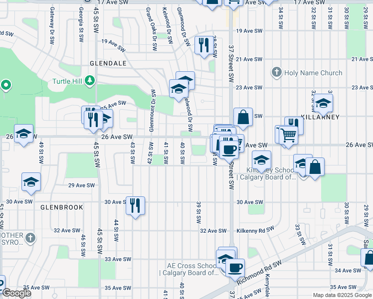 map of restaurants, bars, coffee shops, grocery stores, and more near 2718 40 Street Southwest in Calgary