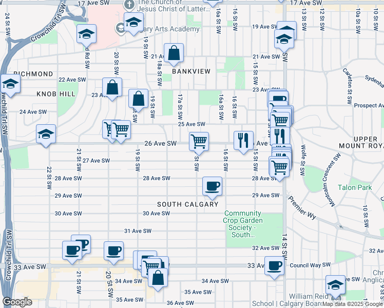 map of restaurants, bars, coffee shops, grocery stores, and more near 2712 17 Street Southwest in Calgary
