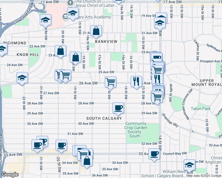 map of restaurants, bars, coffee shops, grocery stores, and more near 2712 17 Street Southwest in Calgary