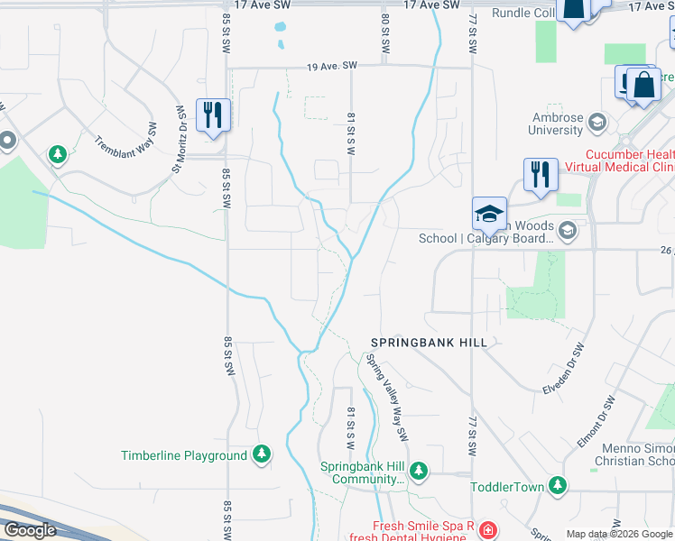 map of restaurants, bars, coffee shops, grocery stores, and more near 111 200 Mystic Ridge Park Southwest in Calgary
