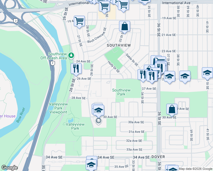 map of restaurants, bars, coffee shops, grocery stores, and more near 2945 26 Avenue Southeast in Calgary