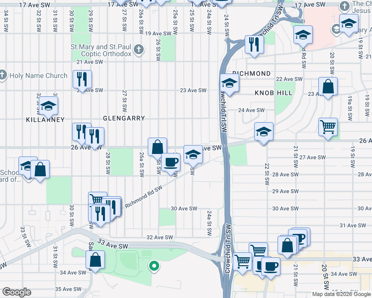 map of restaurants, bars, coffee shops, grocery stores, and more near 2609 26 Avenue Southwest in Calgary