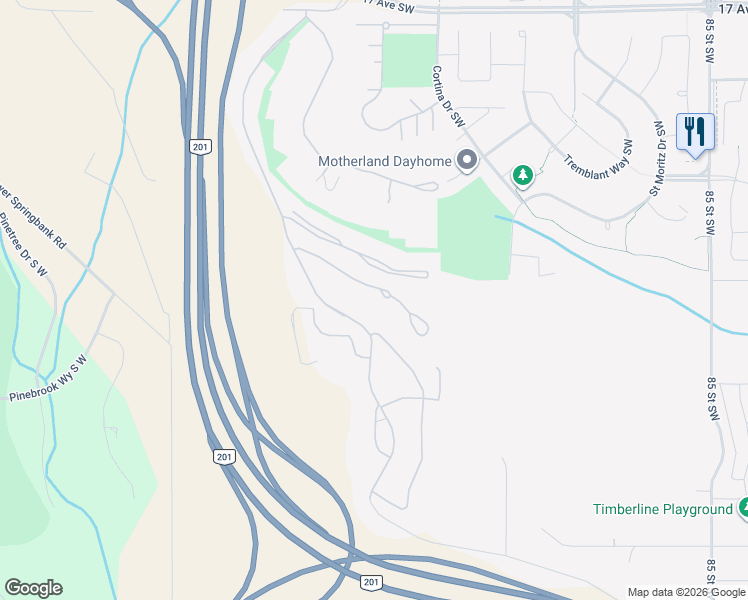 map of restaurants, bars, coffee shops, grocery stores, and more near 61 Slopes Point Southwest in Calgary