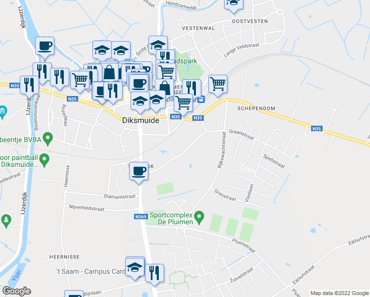 map of restaurants, bars, coffee shops, grocery stores, and more near 43 Tuinwijk in Diksmuide
