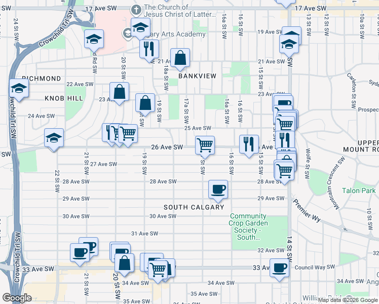 map of restaurants, bars, coffee shops, grocery stores, and more near in Calgary