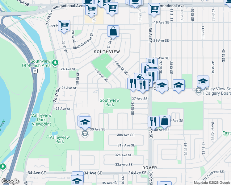 map of restaurants, bars, coffee shops, grocery stores, and more near 3425 26 Avenue Southeast in Calgary