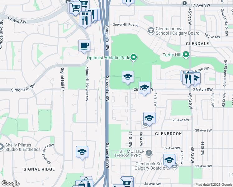 map of restaurants, bars, coffee shops, grocery stores, and more near 5325 26 Avenue Southwest in Calgary