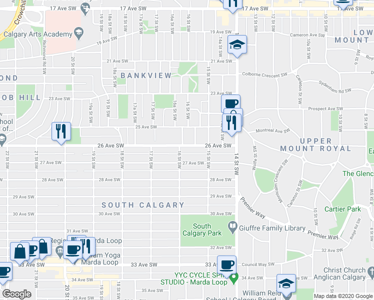 map of restaurants, bars, coffee shops, grocery stores, and more near 1635 26 Avenue Southwest in Calgary
