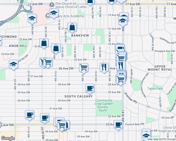 map of restaurants, bars, coffee shops, grocery stores, and more near 1723 26 Avenue Southwest in Calgary