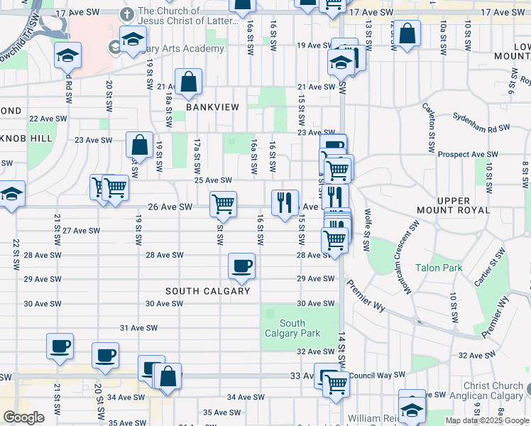 map of restaurants, bars, coffee shops, grocery stores, and more near 1639 26 Avenue Southwest in Calgary