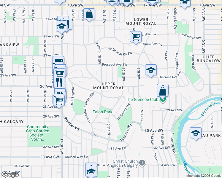 map of restaurants, bars, coffee shops, grocery stores, and more near 1117 Dorchester Avenue Southwest in Calgary