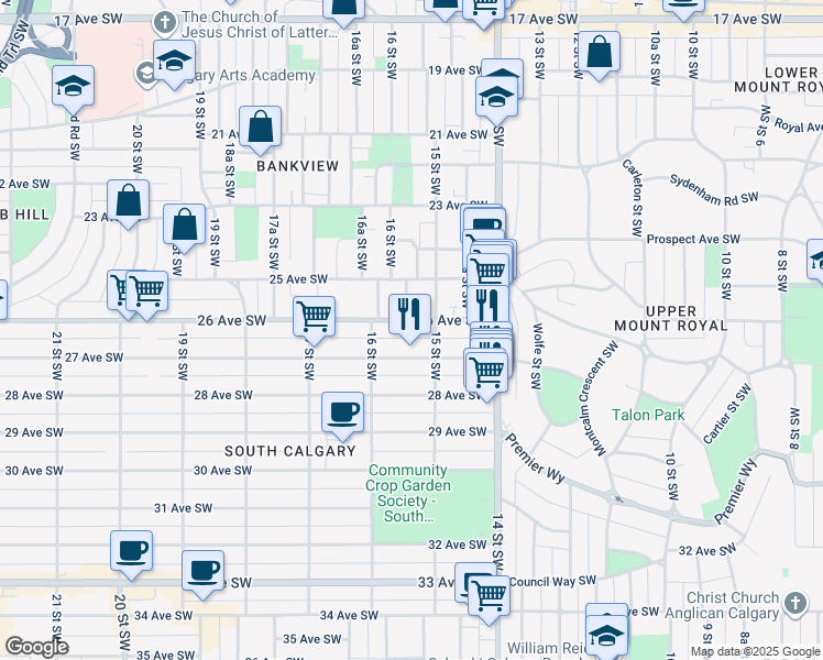 map of restaurants, bars, coffee shops, grocery stores, and more near in Calgary
