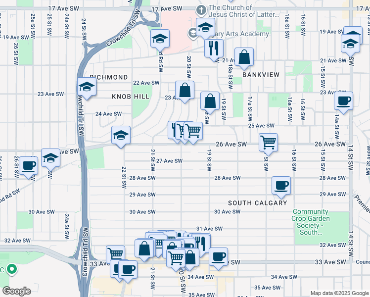 map of restaurants, bars, coffee shops, grocery stores, and more near in Calgary