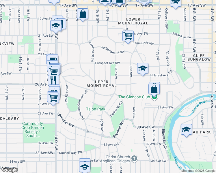 map of restaurants, bars, coffee shops, grocery stores, and more near 1117 Dorchester Avenue Southwest in Calgary