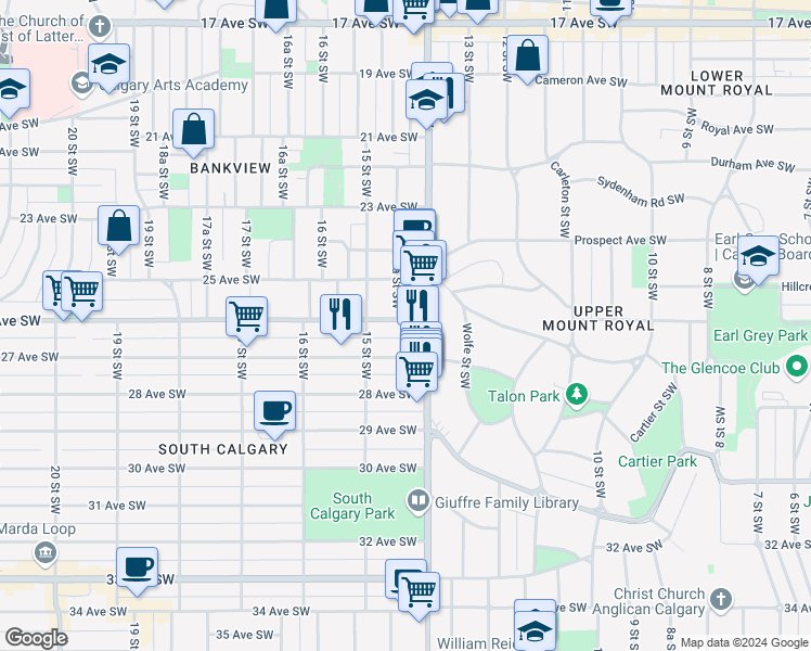 map of restaurants, bars, coffee shops, grocery stores, and more near in Calgary