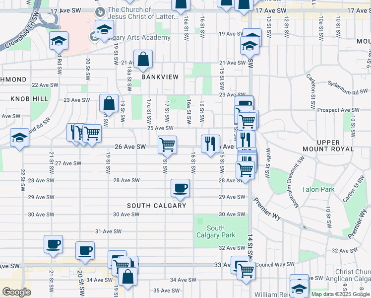 map of restaurants, bars, coffee shops, grocery stores, and more near in Calgary