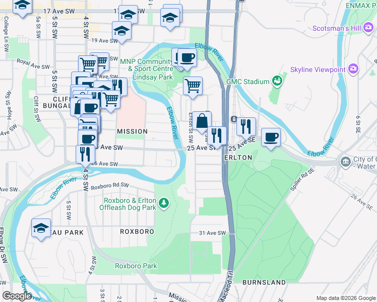 map of restaurants, bars, coffee shops, grocery stores, and more near in Calgary
