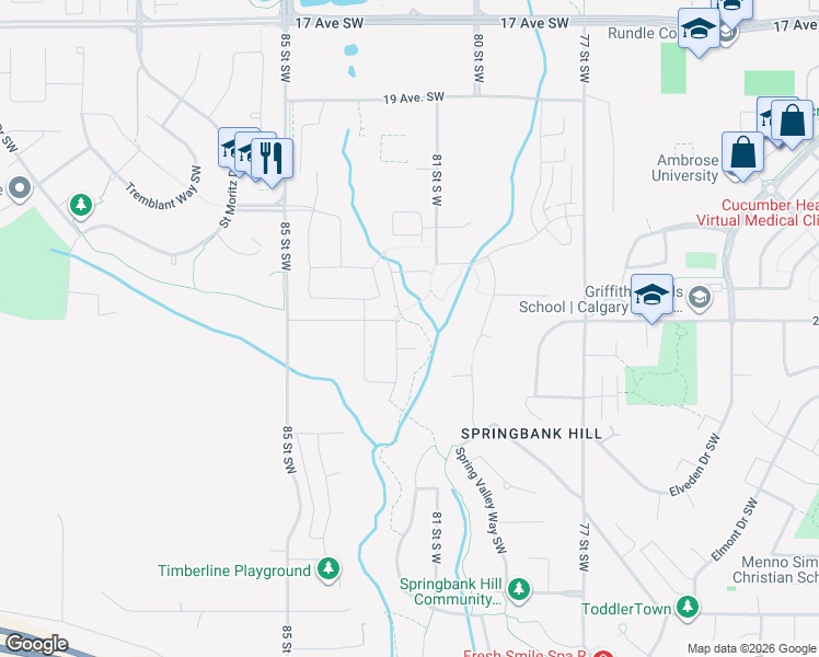 map of restaurants, bars, coffee shops, grocery stores, and more near 111 200 Mystic Ridge Park Southwest in Calgary
