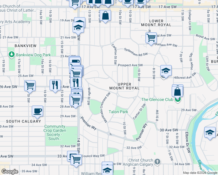 map of restaurants, bars, coffee shops, grocery stores, and more near 1216 Frontenac Avenue Southwest in Calgary