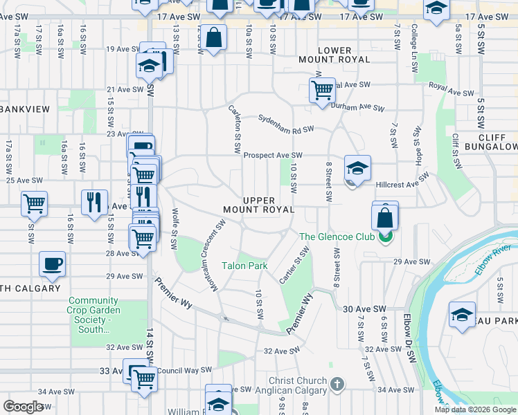 map of restaurants, bars, coffee shops, grocery stores, and more near 8 Alfege Street Southwest in Calgary