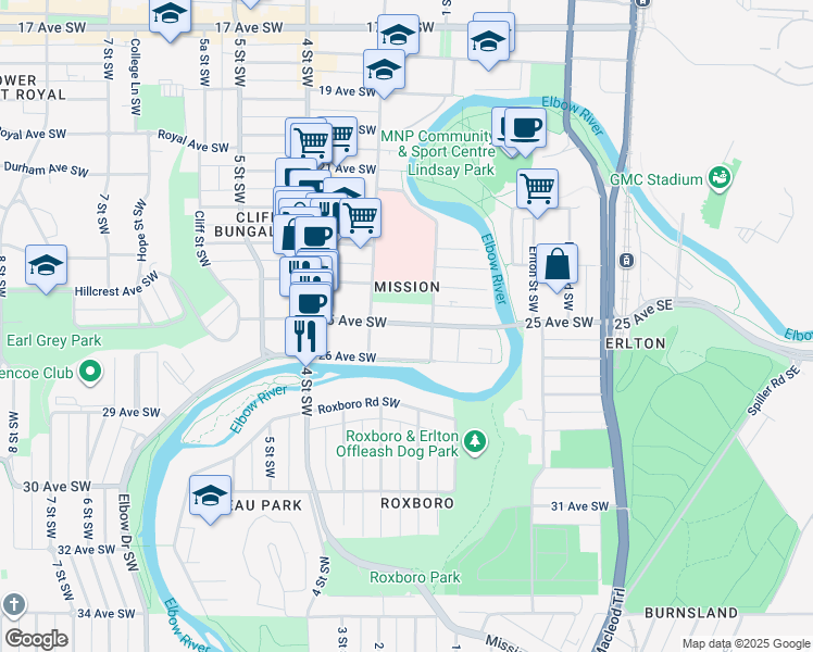 map of restaurants, bars, coffee shops, grocery stores, and more near in Calgary