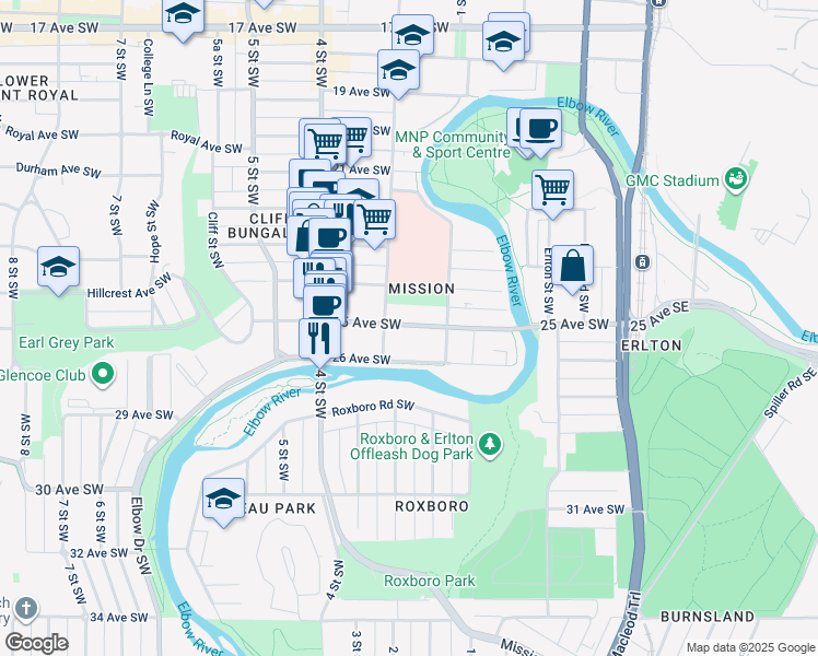map of restaurants, bars, coffee shops, grocery stores, and more near in Calgary