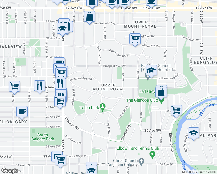 map of restaurants, bars, coffee shops, grocery stores, and more near  in Calgary
