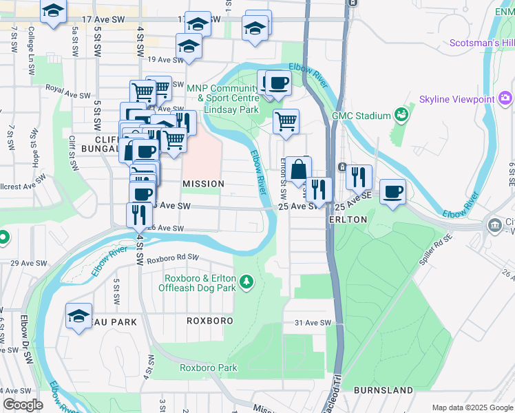 map of restaurants, bars, coffee shops, grocery stores, and more near in Calgary