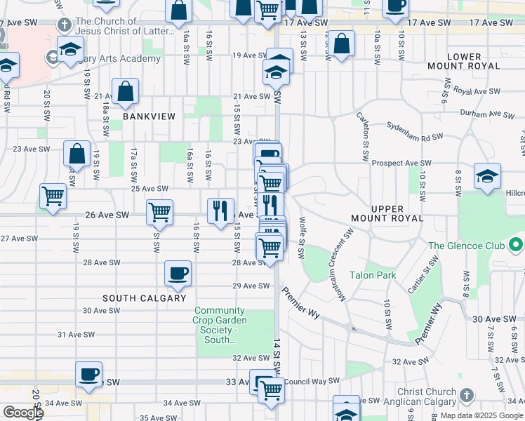 map of restaurants, bars, coffee shops, grocery stores, and more near in Calgary