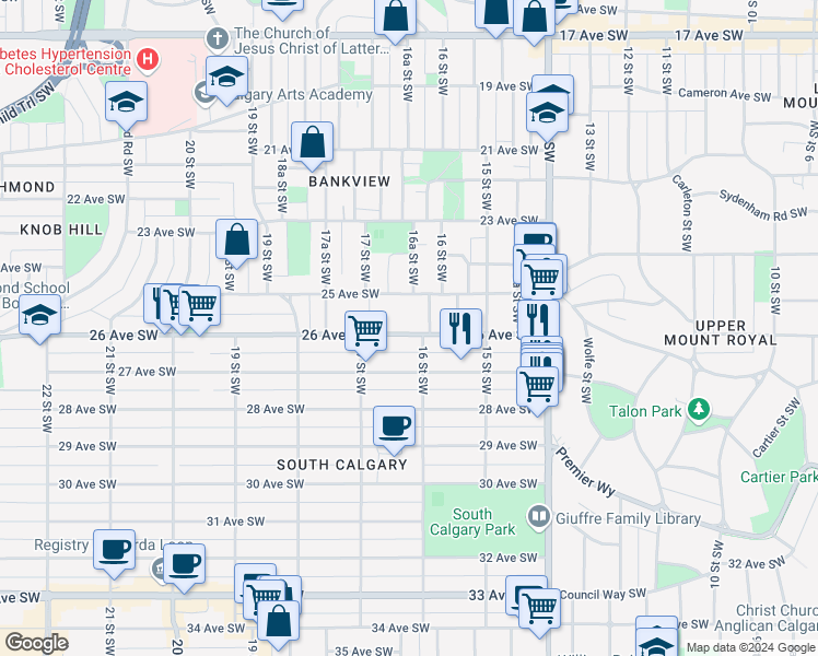 map of restaurants, bars, coffee shops, grocery stores, and more near in Calgary